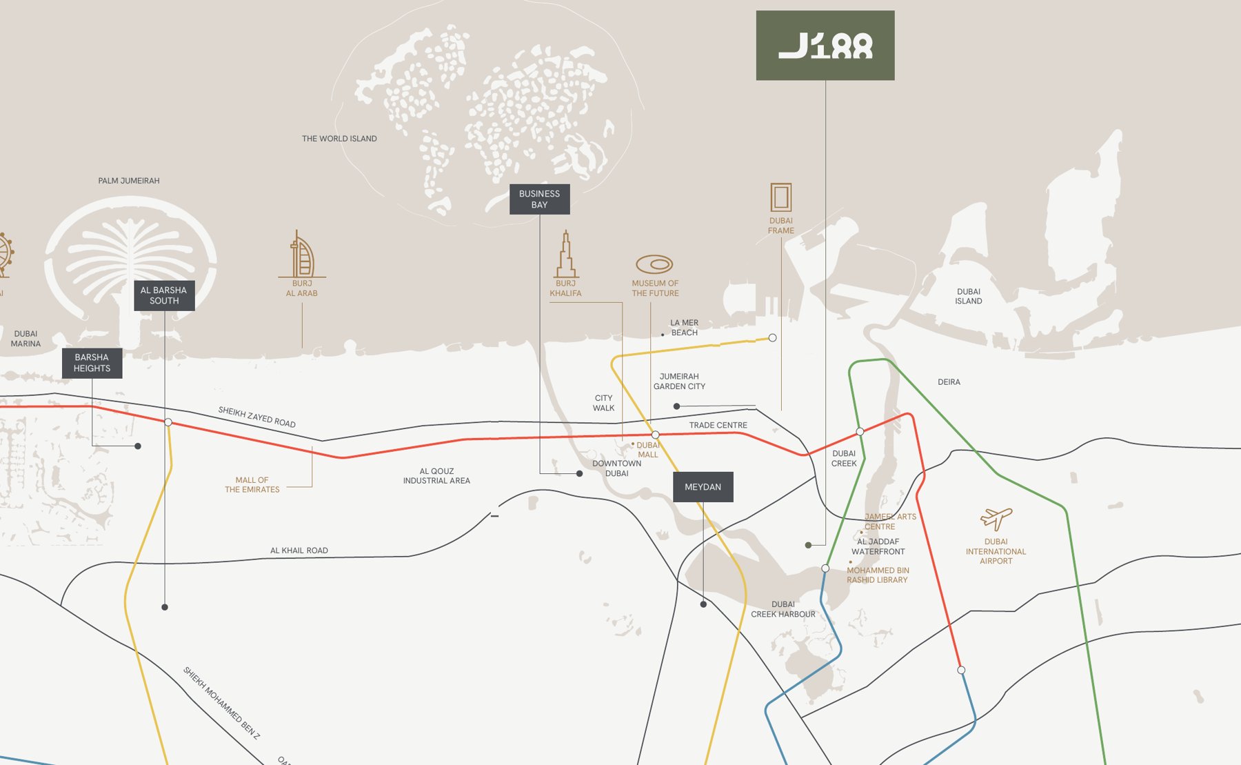 خريطة دبي تُظهر موقع J188 في الجداف